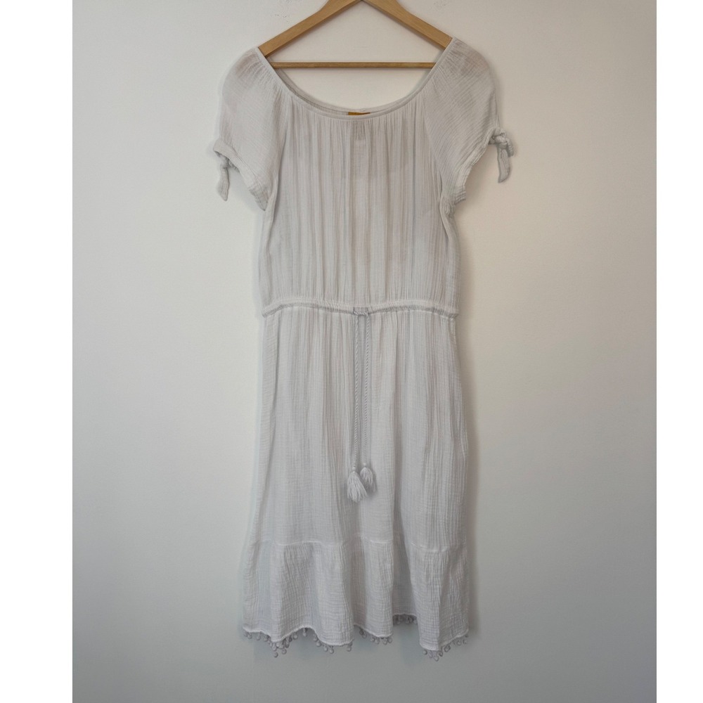 Boho Coastal Ruby Rd‎ Womens Large Gauze Dress White Pom Pom Tassel Tie Sleeve
